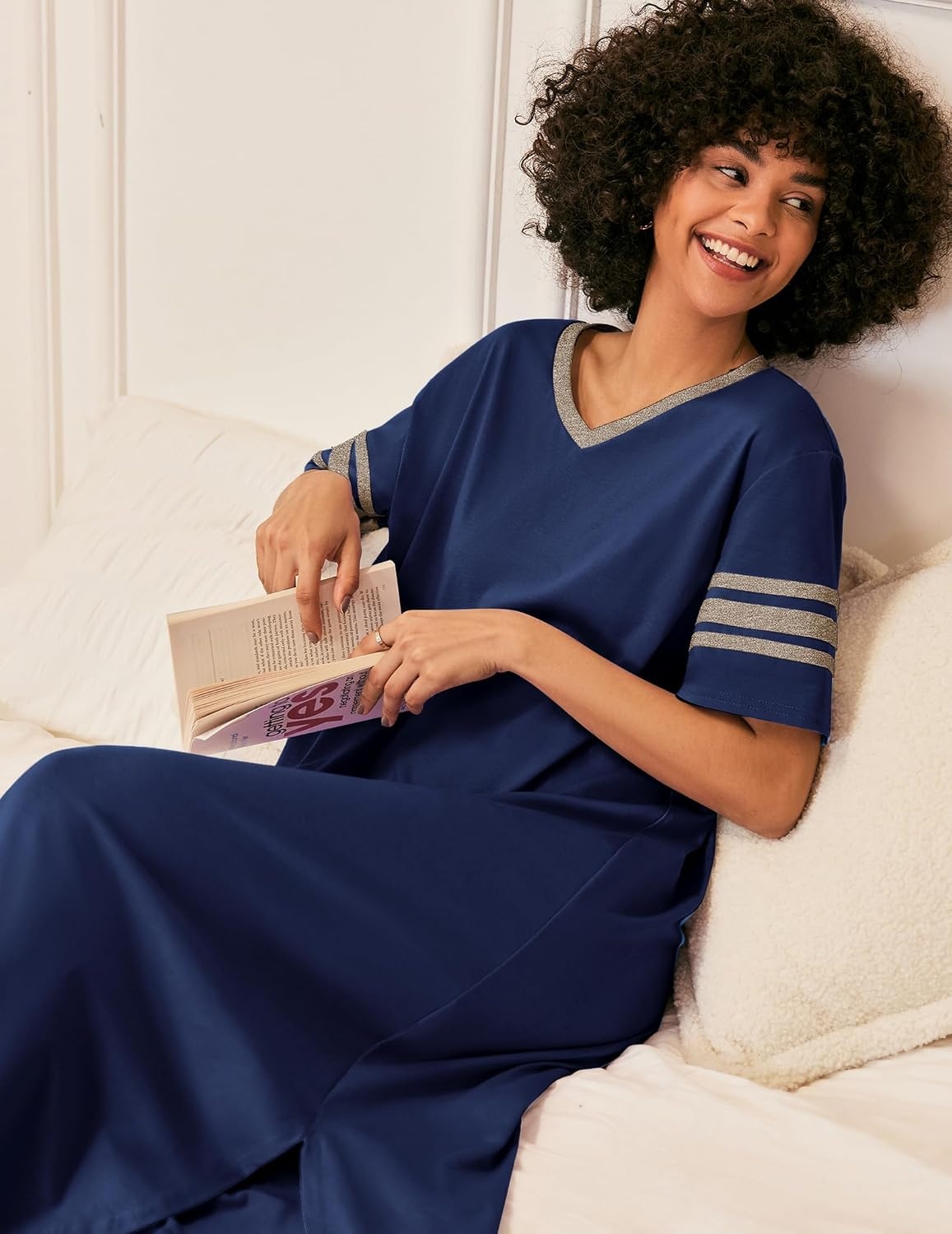 image:imageEkouaer Nightgowns for Women Long Nightgown Plus Size Moo Moos House Dress  Color Block Sleep Dress Short Sleeve Sleepwear V Neck Loungewear Oversized Lounge Dress M5XL Daily Wear Sleep HomeDeep Blue