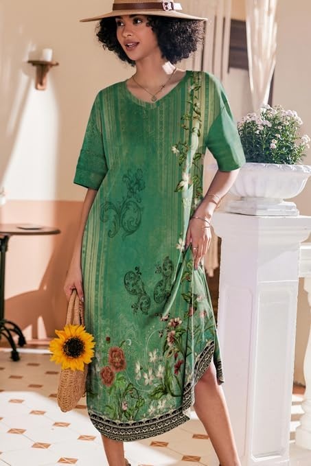 image:imageEkouaer Nightgowns for Women Long Nightgown Plus Size Moo Moos House Dress  Color Block Sleep Dress Short Sleeve Sleepwear V Neck Loungewear Oversized Lounge Dress M5XL Daily Wear Sleep HomeGreen Ethnic Style