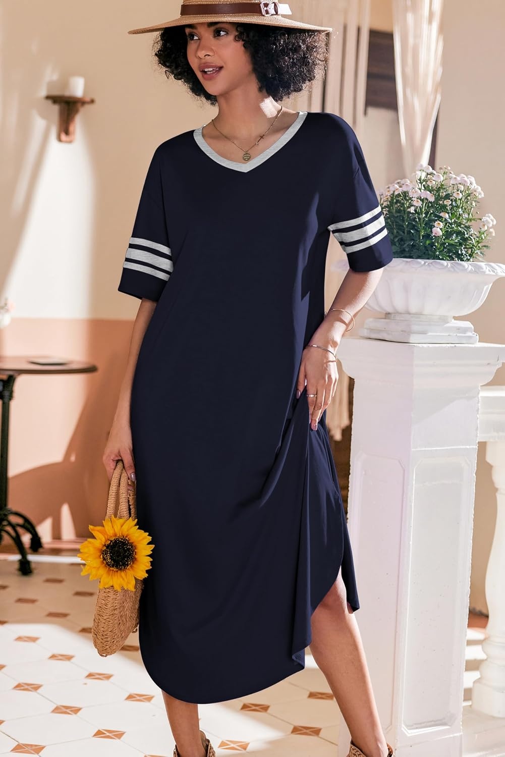 image:imageEkouaer Nightgowns for Women Long Nightgown Plus Size Moo Moos House Dress  Color Block Sleep Dress Short Sleeve Sleepwear V Neck Loungewear Oversized Lounge Dress M5XL Daily Wear Sleep HomeNavy Blue