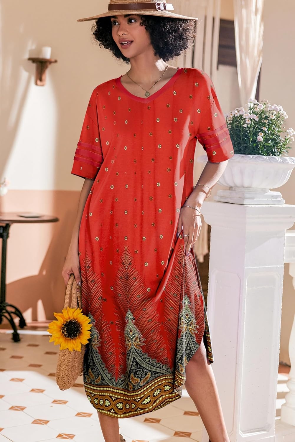 image:imageEkouaer Nightgowns for Women Long Nightgown Plus Size Moo Moos House Dress  Color Block Sleep Dress Short Sleeve Sleepwear V Neck Loungewear Oversized Lounge Dress M5XL Daily Wear Sleep HomePeacock Feather