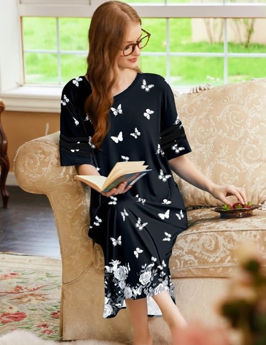 image:imageEkouaer Nightgowns for Women Long Nightgown Plus Size Moo Moos House Dress  Color Block Sleep Dress Short Sleeve Sleepwear V Neck Loungewear Oversized Lounge Dress M5XL Daily Wear Sleep HomeBlack Butterfly