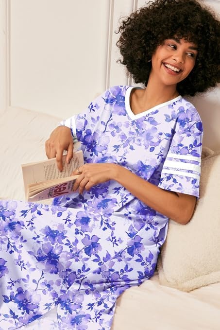 image:imageEkouaer Nightgowns for Women Long Nightgown Plus Size Moo Moos House Dress  Color Block Sleep Dress Short Sleeve Sleepwear V Neck Loungewear Oversized Lounge Dress M5XL Daily Wear Sleep HomePurple Watercolor Flowers