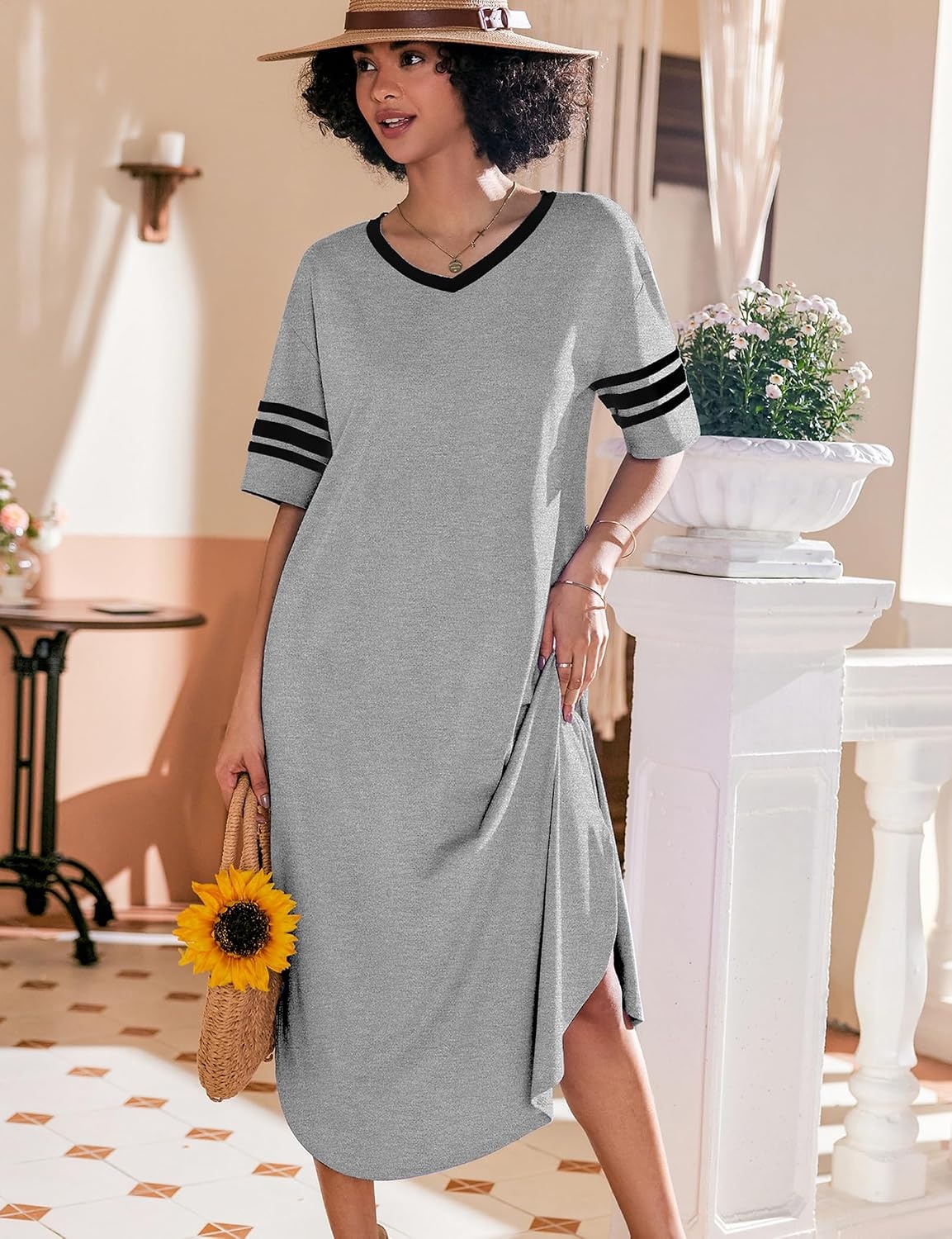 image:imageEkouaer Nightgowns for Women Long Nightgown Plus Size Moo Moos House Dress  Color Block Sleep Dress Short Sleeve Sleepwear V Neck Loungewear Oversized Lounge Dress M5XL Daily Wear Sleep HomeLight Grey