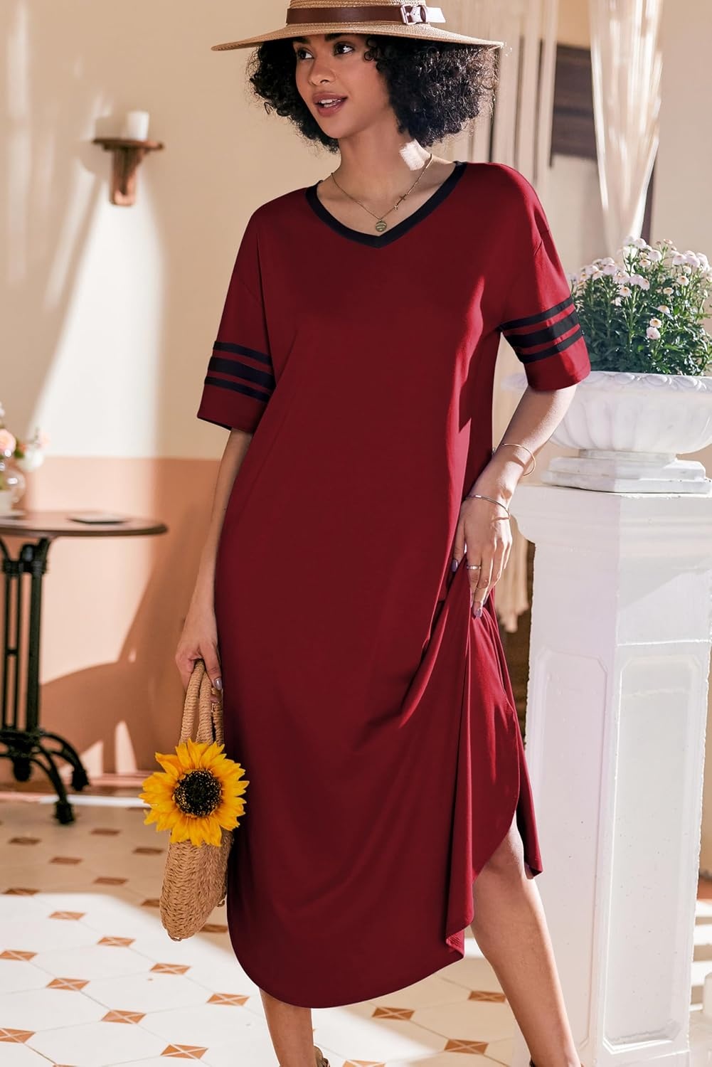 image:imageEkouaer Nightgowns for Women Long Nightgown Plus Size Moo Moos House Dress  Color Block Sleep Dress Short Sleeve Sleepwear V Neck Loungewear Oversized Lounge Dress M5XL Daily Wear Sleep HomeWine Red