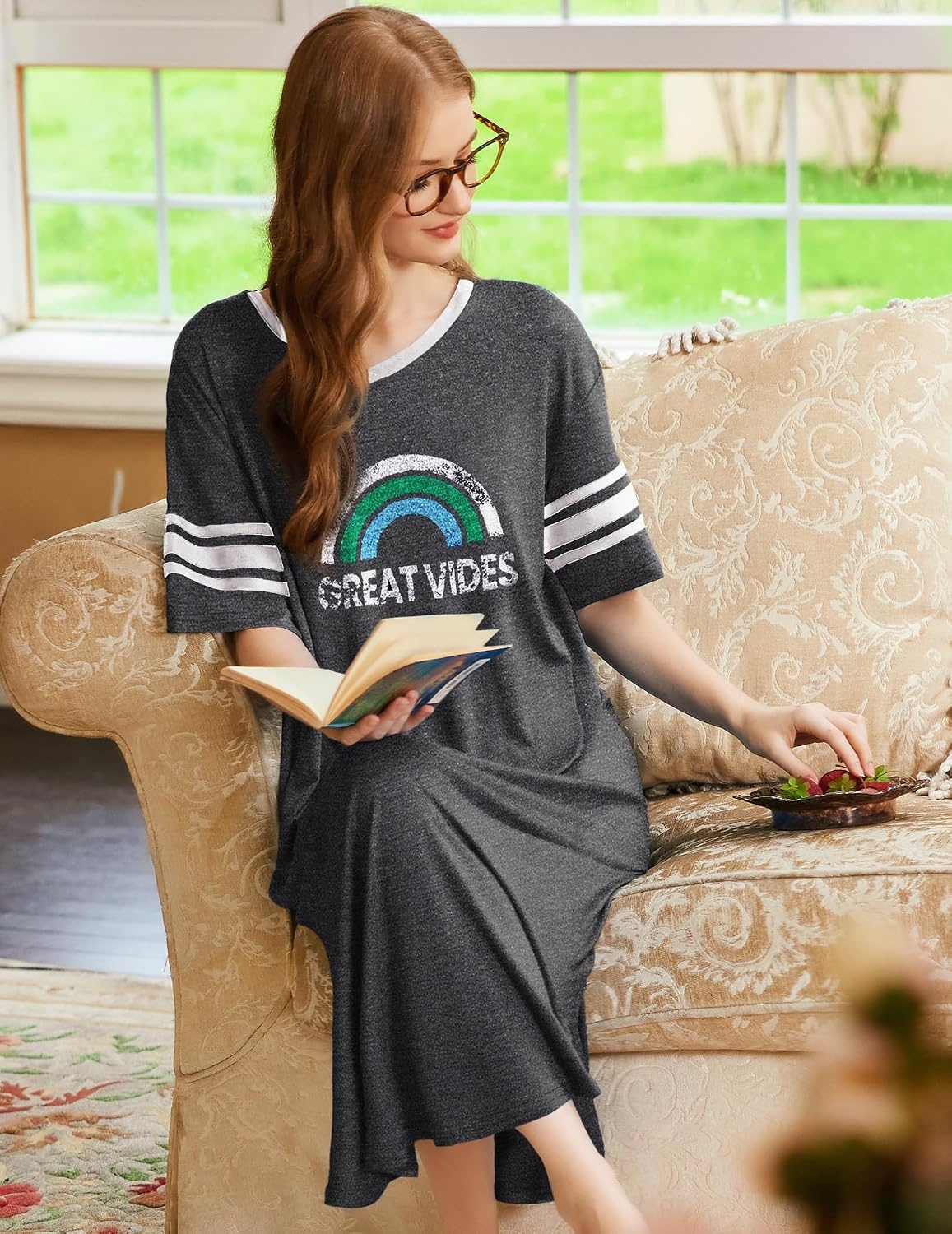 image:imageEkouaer Nightgowns for Women Long Nightgown Plus Size Moo Moos House Dress  Color Block Sleep Dress Short Sleeve Sleepwear V Neck Loungewear Oversized Lounge Dress M5XL Daily Wear Sleep HomeGrey Rainbow