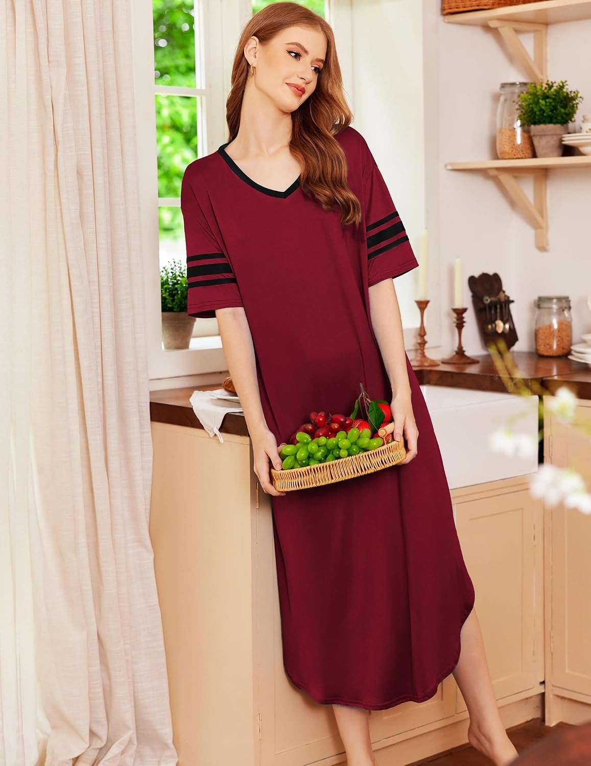 image:imageEkouaer Nightgowns for Women Long Nightgown Plus Size Moo Moos House Dress  Color Block Sleep Dress Short Sleeve Sleepwear V Neck Loungewear Oversized Lounge Dress M5XL Daily Wear Sleep HomeWine Red