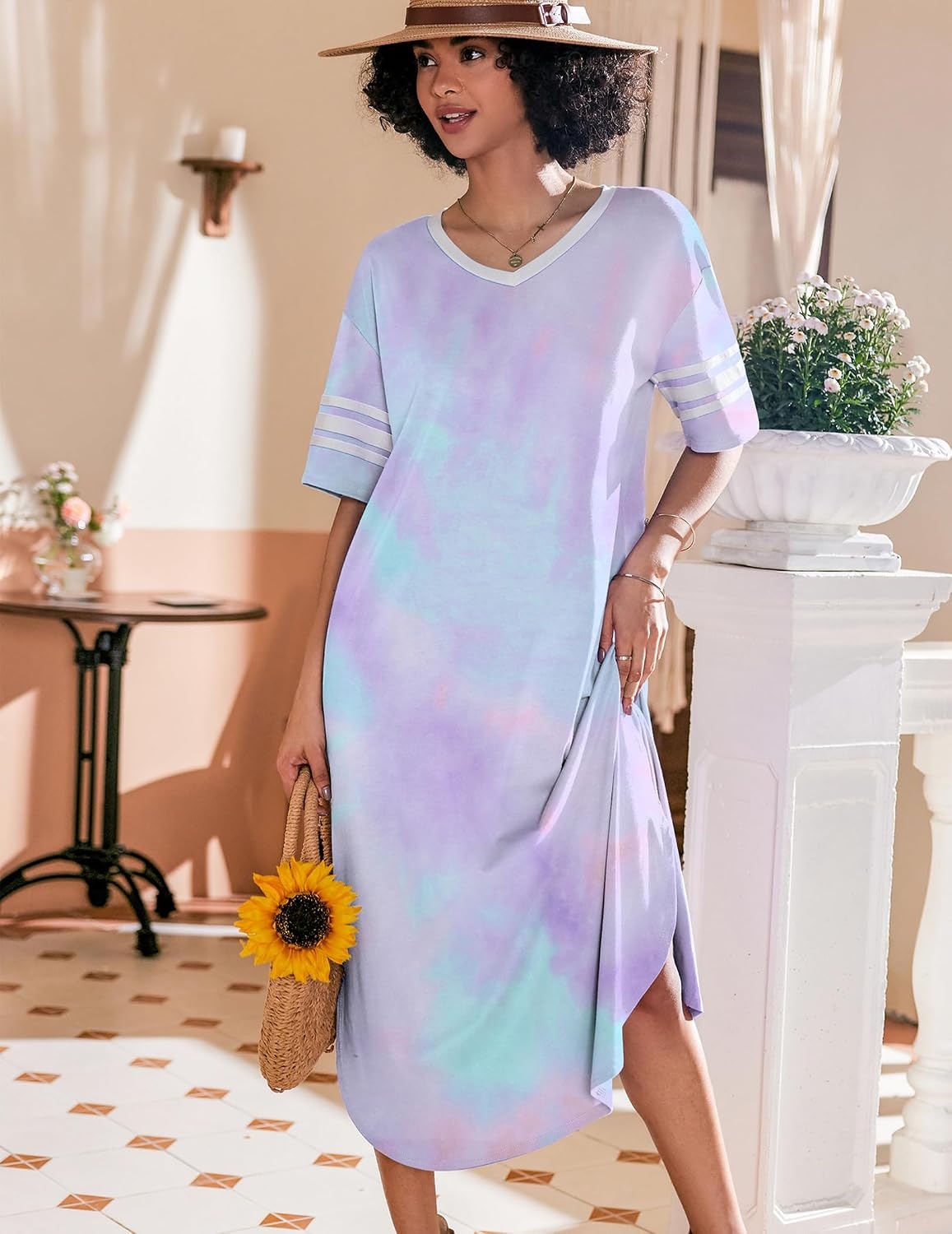 image:imageEkouaer Nightgowns for Women Long Nightgown Plus Size Moo Moos House Dress  Color Block Sleep Dress Short Sleeve Sleepwear V Neck Loungewear Oversized Lounge Dress M5XL Daily Wear Sleep HomePurple Tie Dye