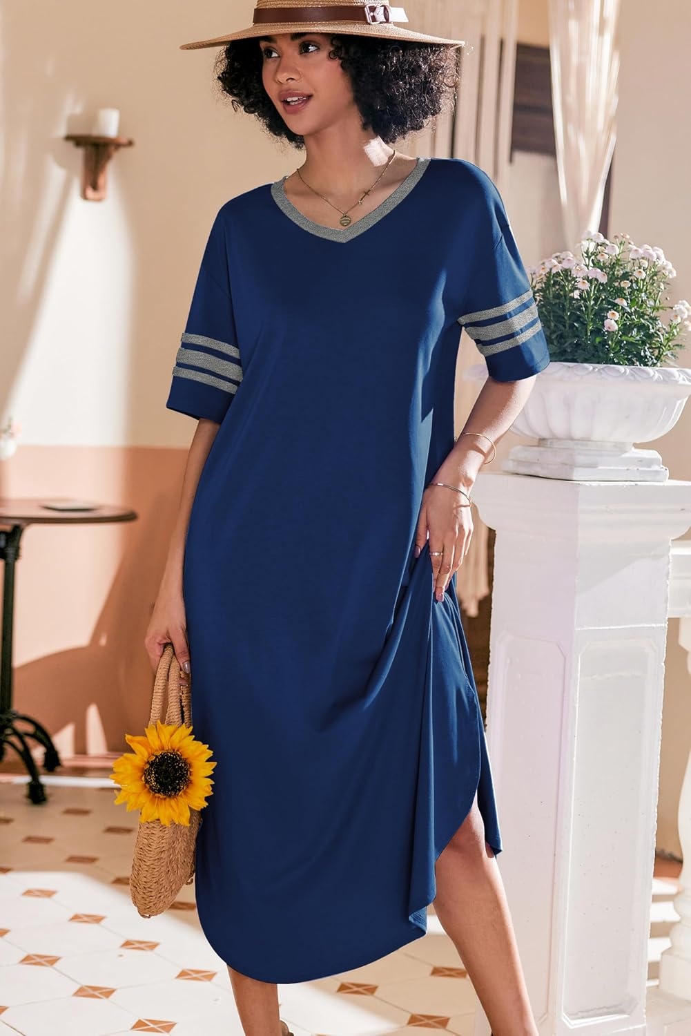 image:imageEkouaer Nightgowns for Women Long Nightgown Plus Size Moo Moos House Dress  Color Block Sleep Dress Short Sleeve Sleepwear V Neck Loungewear Oversized Lounge Dress M5XL Daily Wear Sleep HomeDeep Blue