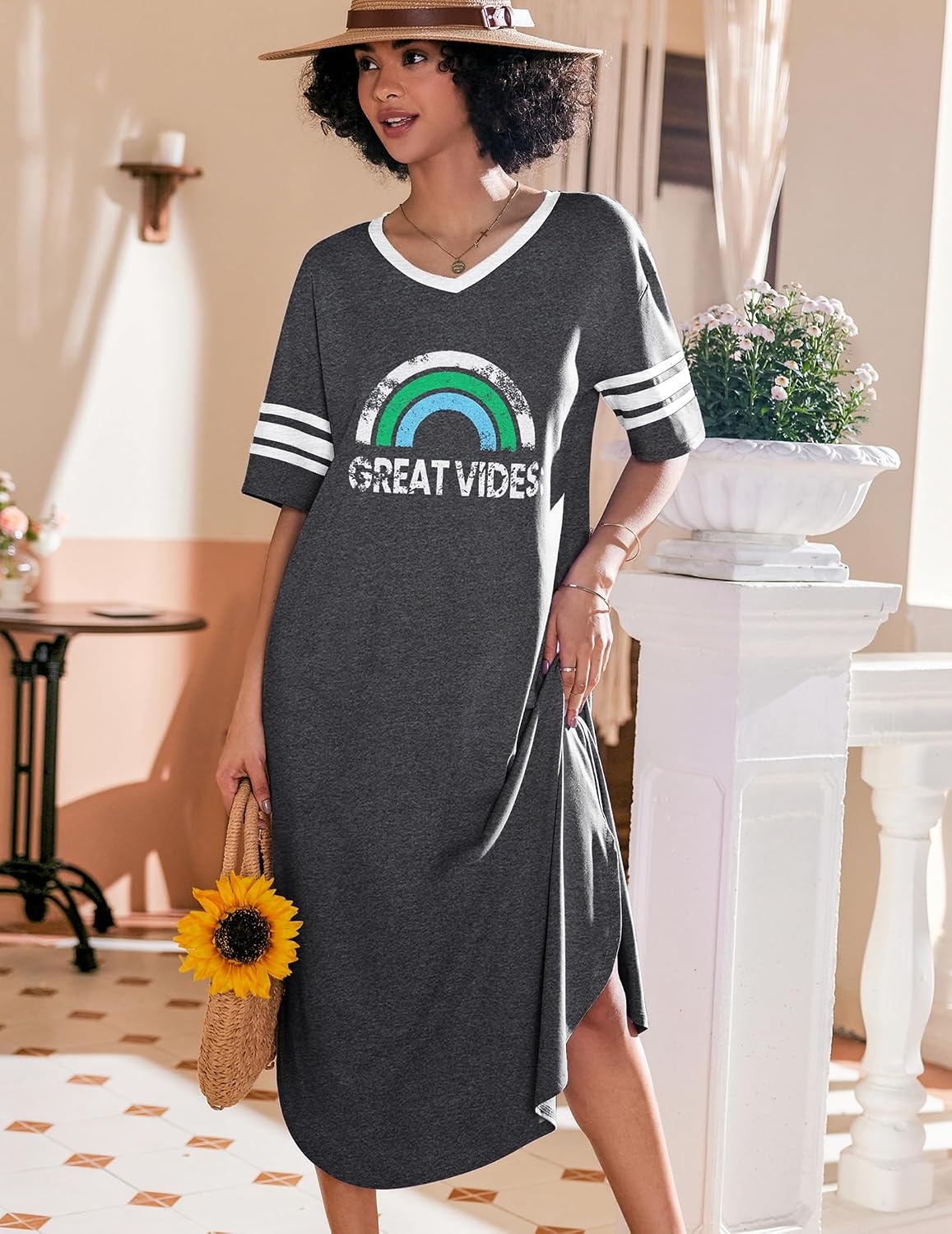 image:imageEkouaer Nightgowns for Women Long Nightgown Plus Size Moo Moos House Dress  Color Block Sleep Dress Short Sleeve Sleepwear V Neck Loungewear Oversized Lounge Dress M5XL Daily Wear Sleep HomeGrey Rainbow