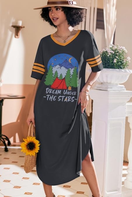 image:imageEkouaer Nightgowns for Women Long Nightgown Plus Size Moo Moos House Dress  Color Block Sleep Dress Short Sleeve Sleepwear V Neck Loungewear Oversized Lounge Dress M5XL Daily Wear Sleep HomeBlack Forest