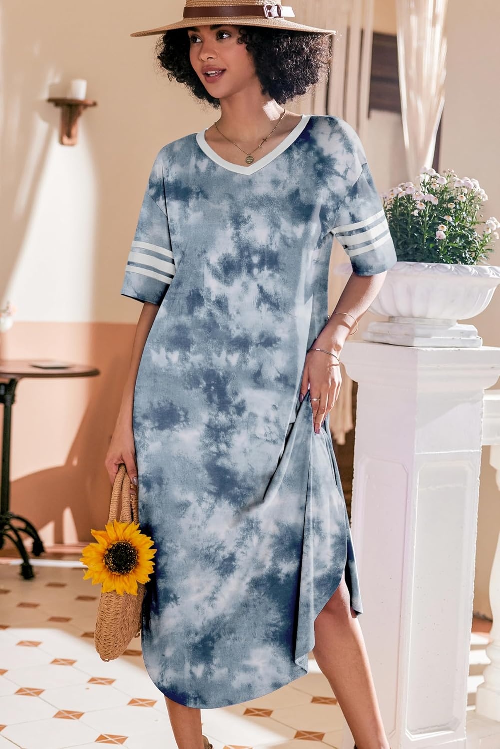 image:imageEkouaer Nightgowns for Women Long Nightgown Plus Size Moo Moos House Dress  Color Block Sleep Dress Short Sleeve Sleepwear V Neck Loungewear Oversized Lounge Dress M5XL Daily Wear Sleep HomeGrey Tie Dye
