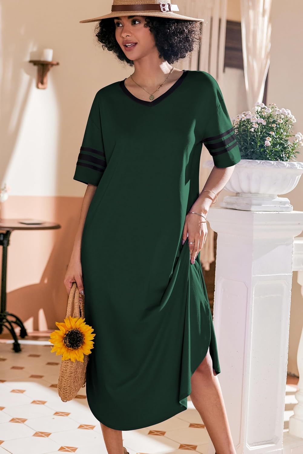 image:imageEkouaer Nightgowns for Women Long Nightgown Plus Size Moo Moos House Dress  Color Block Sleep Dress Short Sleeve Sleepwear V Neck Loungewear Oversized Lounge Dress M5XL Daily Wear Sleep HomeGreen