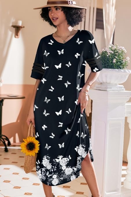 image:imageEkouaer Nightgowns for Women Long Nightgown Plus Size Moo Moos House Dress  Color Block Sleep Dress Short Sleeve Sleepwear V Neck Loungewear Oversized Lounge Dress M5XL Daily Wear Sleep HomeBlack Butterfly