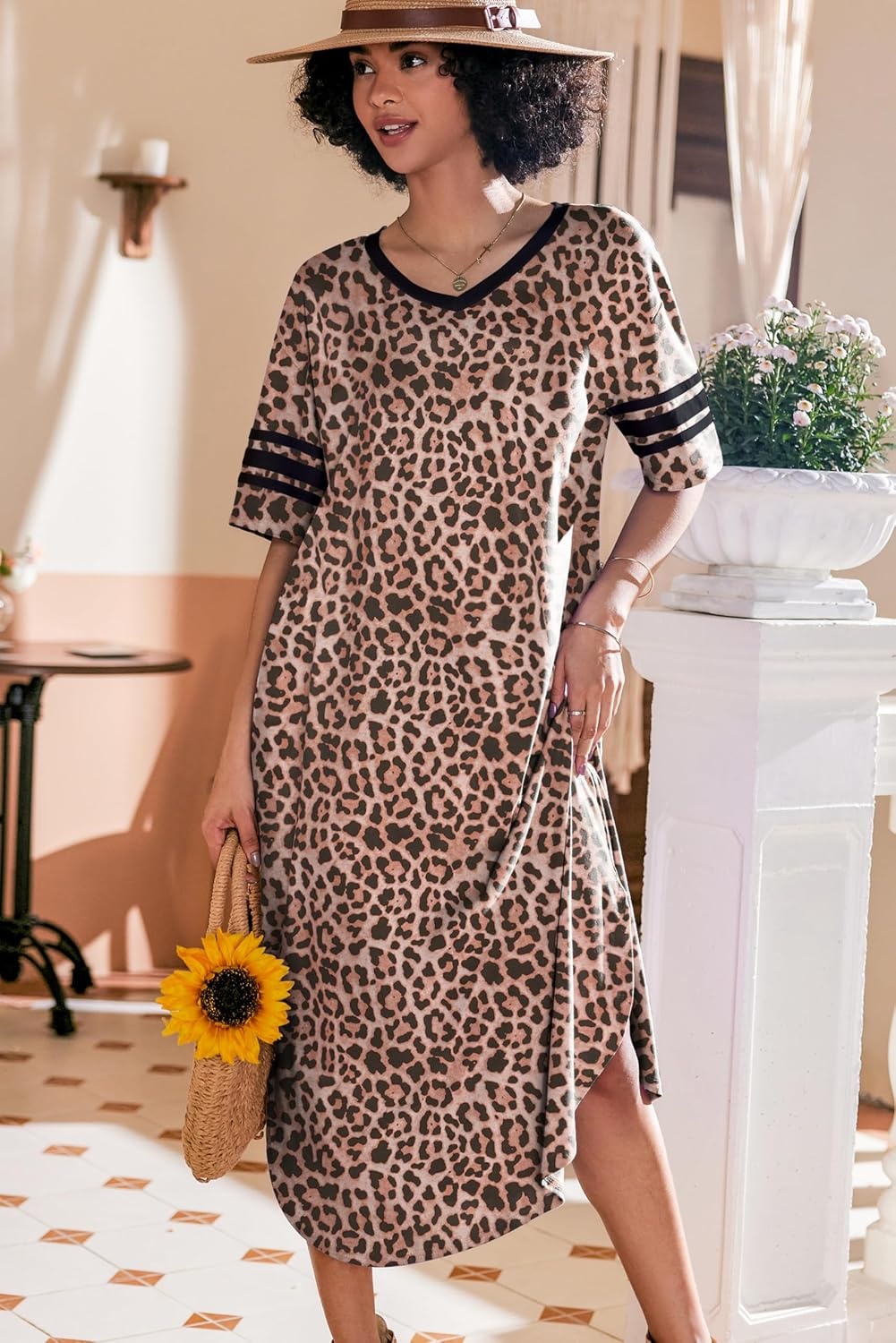 image:imageEkouaer Nightgowns for Women Long Nightgown Plus Size Moo Moos House Dress  Color Block Sleep Dress Short Sleeve Sleepwear V Neck Loungewear Oversized Lounge Dress M5XL Daily Wear Sleep HomeBrown Leopard Print