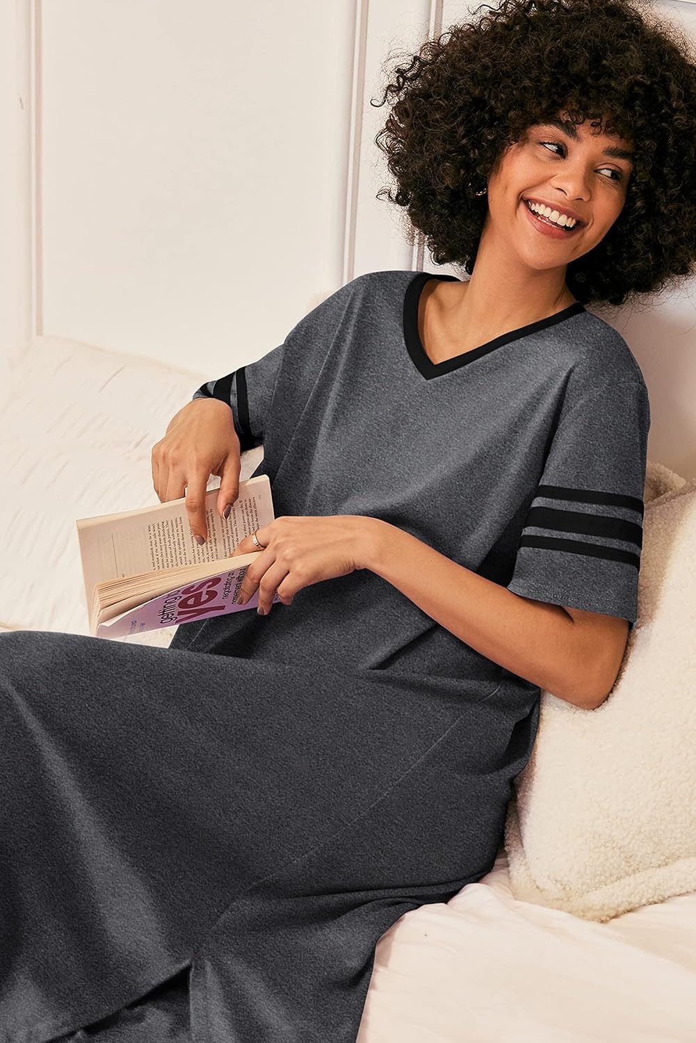 image:imageEkouaer Nightgowns for Women Long Nightgown Plus Size Moo Moos House Dress  Color Block Sleep Dress Short Sleeve Sleepwear V Neck Loungewear Oversized Lounge Dress M5XL Daily Wear Sleep HomeDark Grey