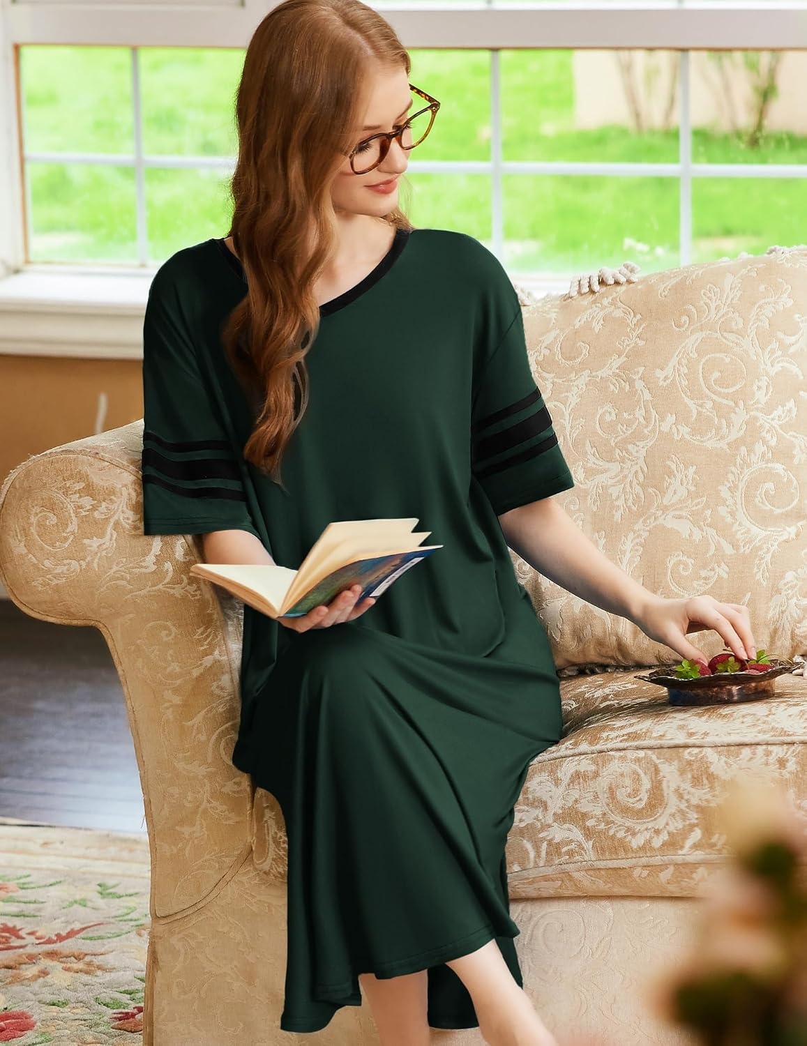 image:imageEkouaer Nightgowns for Women Long Nightgown Plus Size Moo Moos House Dress  Color Block Sleep Dress Short Sleeve Sleepwear V Neck Loungewear Oversized Lounge Dress M5XL Daily Wear Sleep HomeGreen