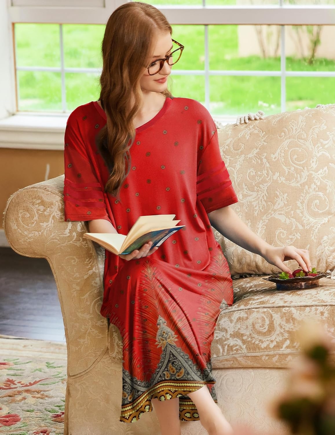 image:imageEkouaer Nightgowns for Women Long Nightgown Plus Size Moo Moos House Dress  Color Block Sleep Dress Short Sleeve Sleepwear V Neck Loungewear Oversized Lounge Dress M5XL Daily Wear Sleep HomePeacock Feather