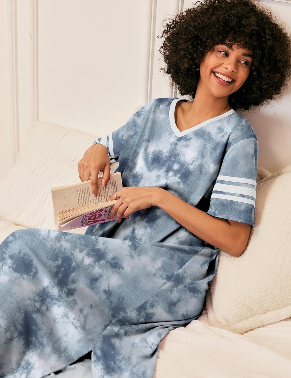 image:imageEkouaer Nightgowns for Women Long Nightgown Plus Size Moo Moos House Dress  Color Block Sleep Dress Short Sleeve Sleepwear V Neck Loungewear Oversized Lounge Dress M5XL Daily Wear Sleep HomeGrey Tie Dye