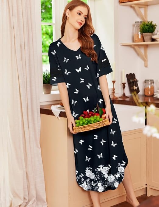 image:imageEkouaer Nightgowns for Women Long Nightgown Plus Size Moo Moos House Dress  Color Block Sleep Dress Short Sleeve Sleepwear V Neck Loungewear Oversized Lounge Dress M5XL Daily Wear Sleep HomeBlack Butterfly
