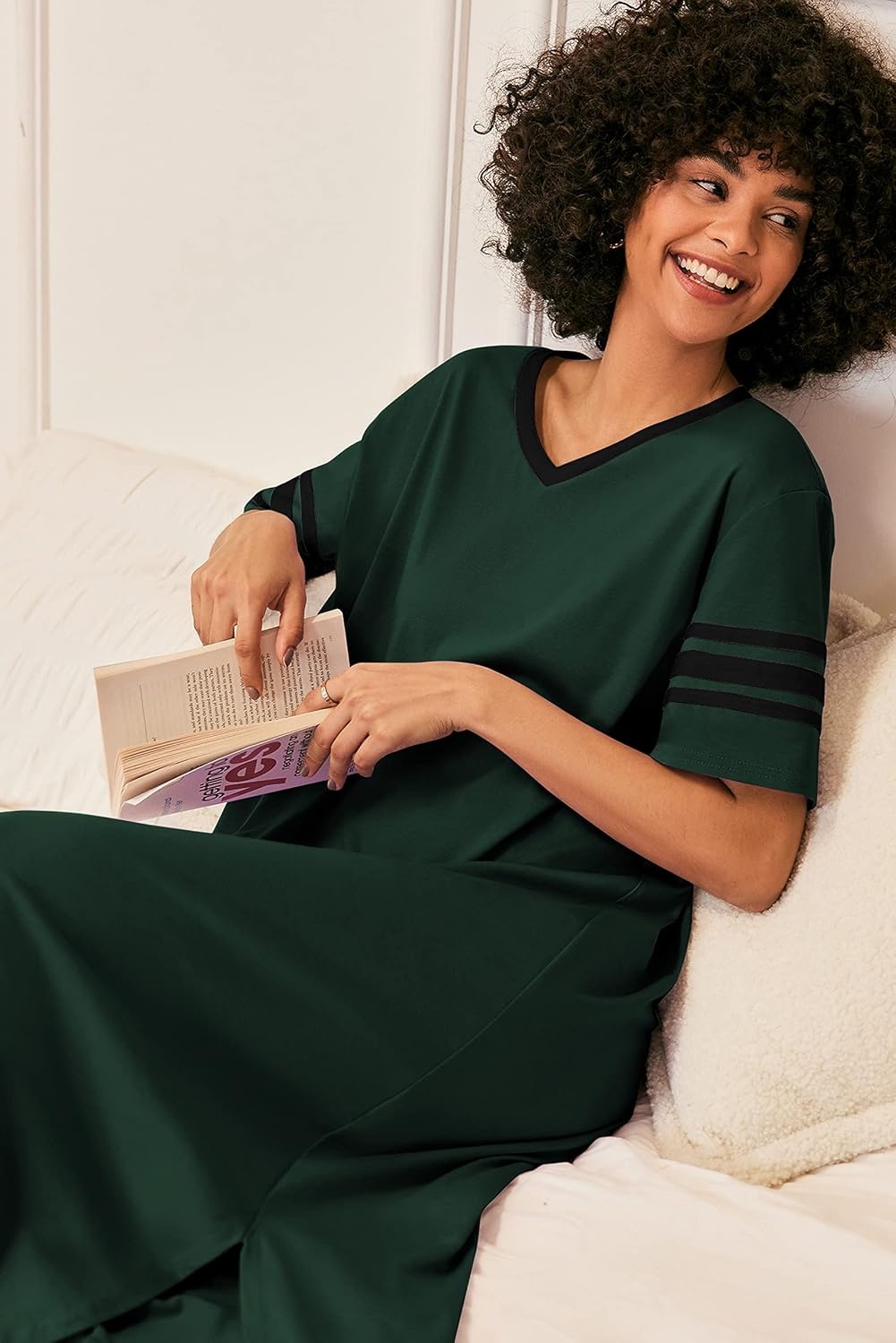 image:imageEkouaer Nightgowns for Women Long Nightgown Plus Size Moo Moos House Dress  Color Block Sleep Dress Short Sleeve Sleepwear V Neck Loungewear Oversized Lounge Dress M5XL Daily Wear Sleep HomeGreen
