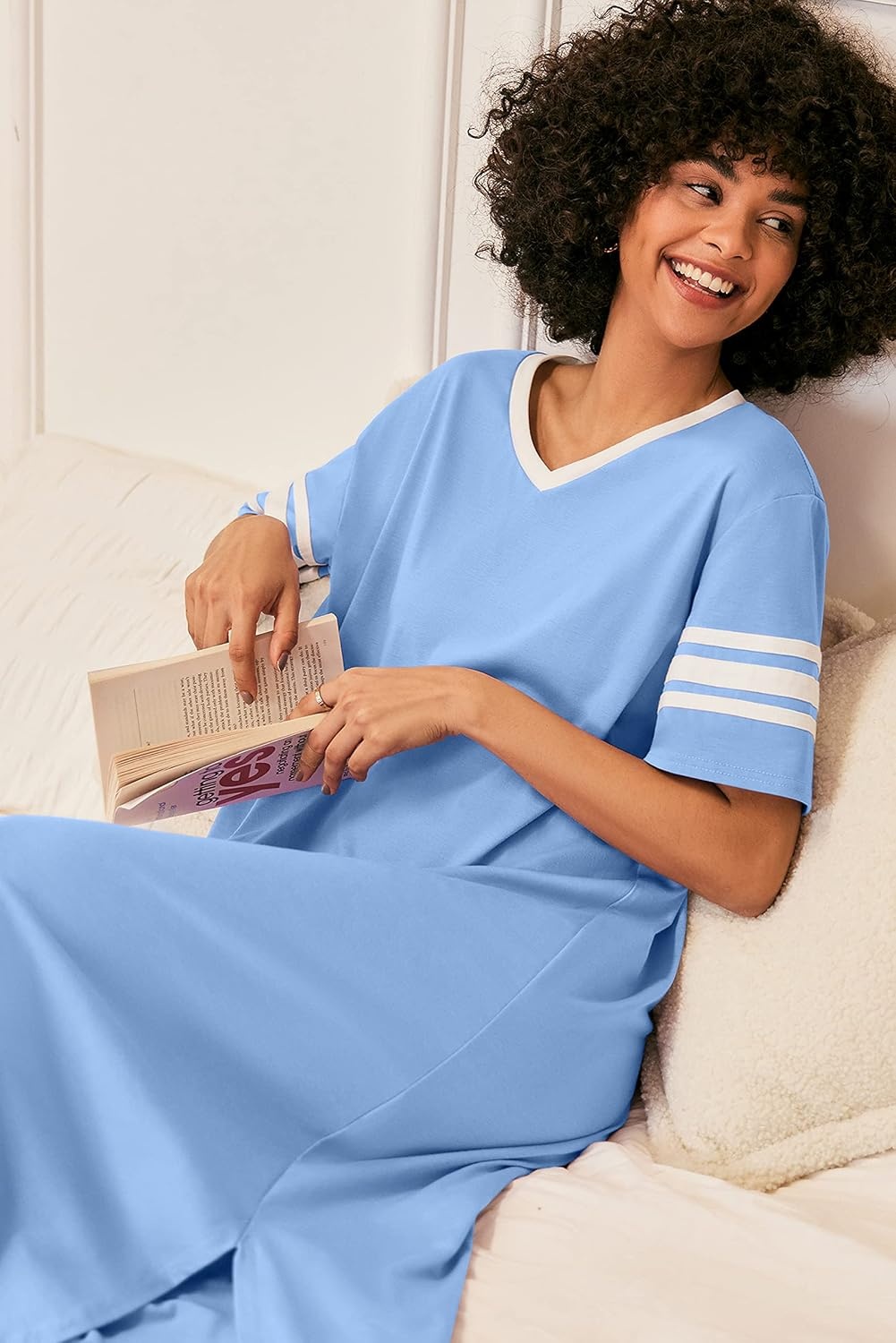image:imageEkouaer Nightgowns for Women Long Nightgown Plus Size Moo Moos House Dress  Color Block Sleep Dress Short Sleeve Sleepwear V Neck Loungewear Oversized Lounge Dress M5XL Daily Wear Sleep HomeLight Blue