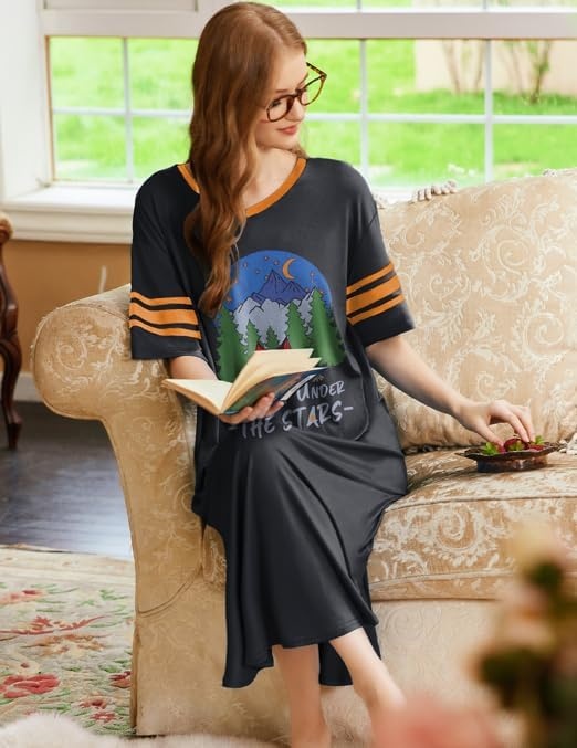 image:imageEkouaer Nightgowns for Women Long Nightgown Plus Size Moo Moos House Dress  Color Block Sleep Dress Short Sleeve Sleepwear V Neck Loungewear Oversized Lounge Dress M5XL Daily Wear Sleep HomeBlack Forest