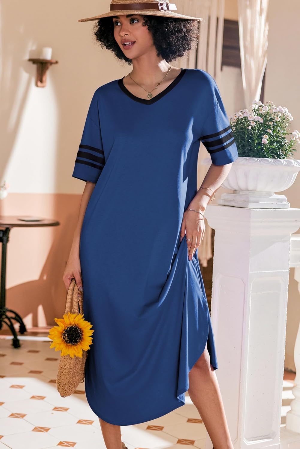 image:imageEkouaer Nightgowns for Women Long Nightgown Plus Size Moo Moos House Dress  Color Block Sleep Dress Short Sleeve Sleepwear V Neck Loungewear Oversized Lounge Dress M5XL Daily Wear Sleep HomeBlue