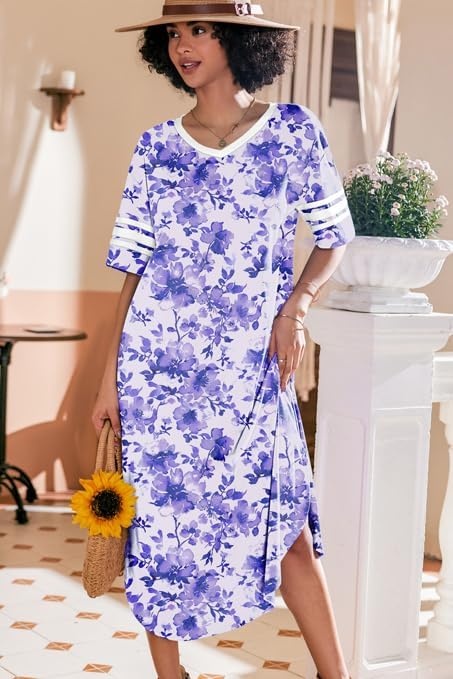 image:imageEkouaer Nightgowns for Women Long Nightgown Plus Size Moo Moos House Dress  Color Block Sleep Dress Short Sleeve Sleepwear V Neck Loungewear Oversized Lounge Dress M5XL Daily Wear Sleep HomePurple Watercolor Flowers