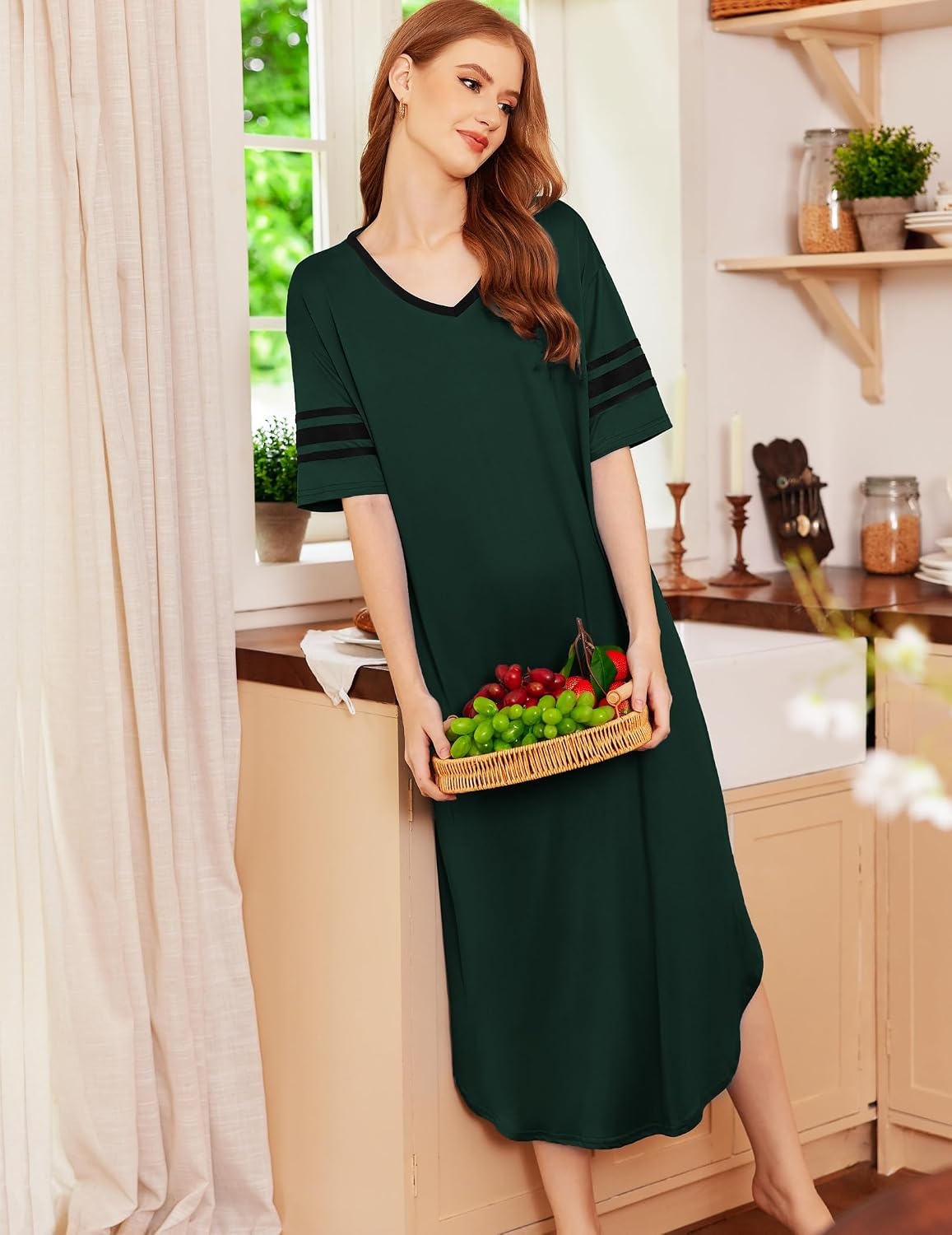 image:imageEkouaer Nightgowns for Women Long Nightgown Plus Size Moo Moos House Dress  Color Block Sleep Dress Short Sleeve Sleepwear V Neck Loungewear Oversized Lounge Dress M5XL Daily Wear Sleep HomeGreen
