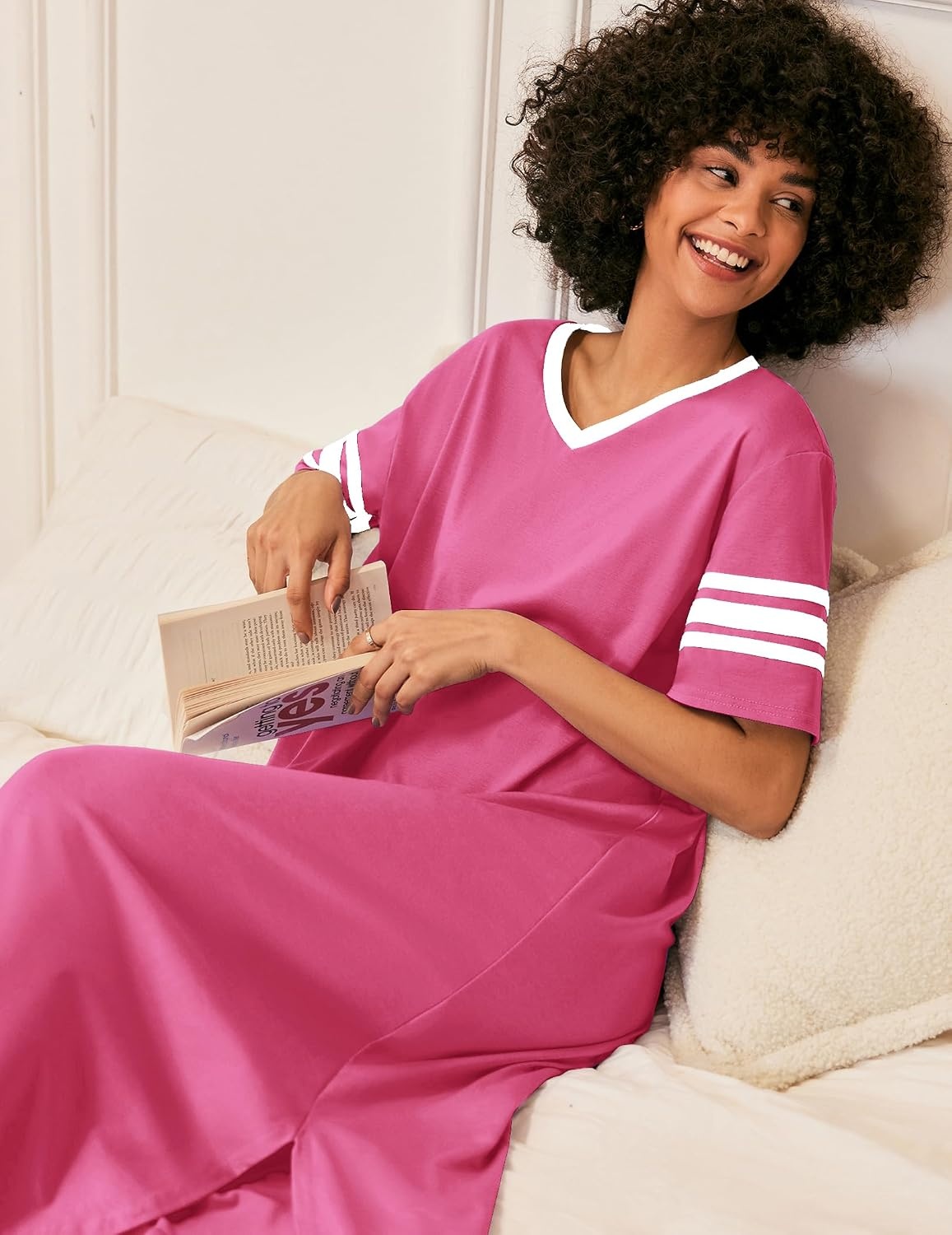 image:imageEkouaer Nightgowns for Women Long Nightgown Plus Size Moo Moos House Dress  Color Block Sleep Dress Short Sleeve Sleepwear V Neck Loungewear Oversized Lounge Dress M5XL Daily Wear Sleep HomePeach Pink