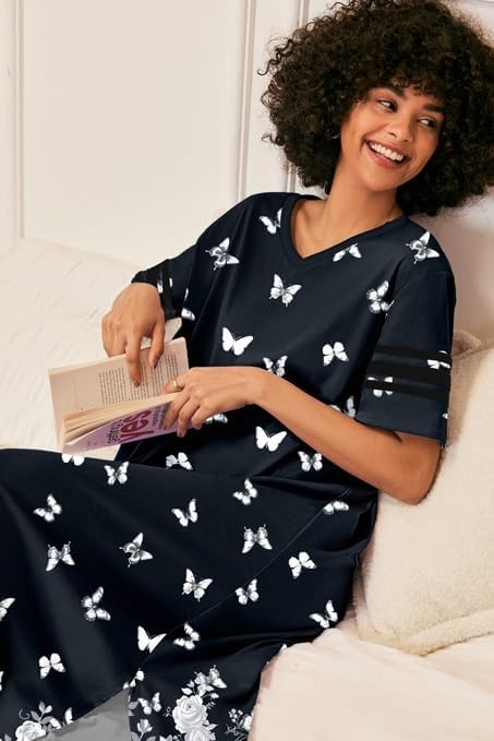 image:imageEkouaer Nightgowns for Women Long Nightgown Plus Size Moo Moos House Dress  Color Block Sleep Dress Short Sleeve Sleepwear V Neck Loungewear Oversized Lounge Dress M5XL Daily Wear Sleep HomeBlack Butterfly
