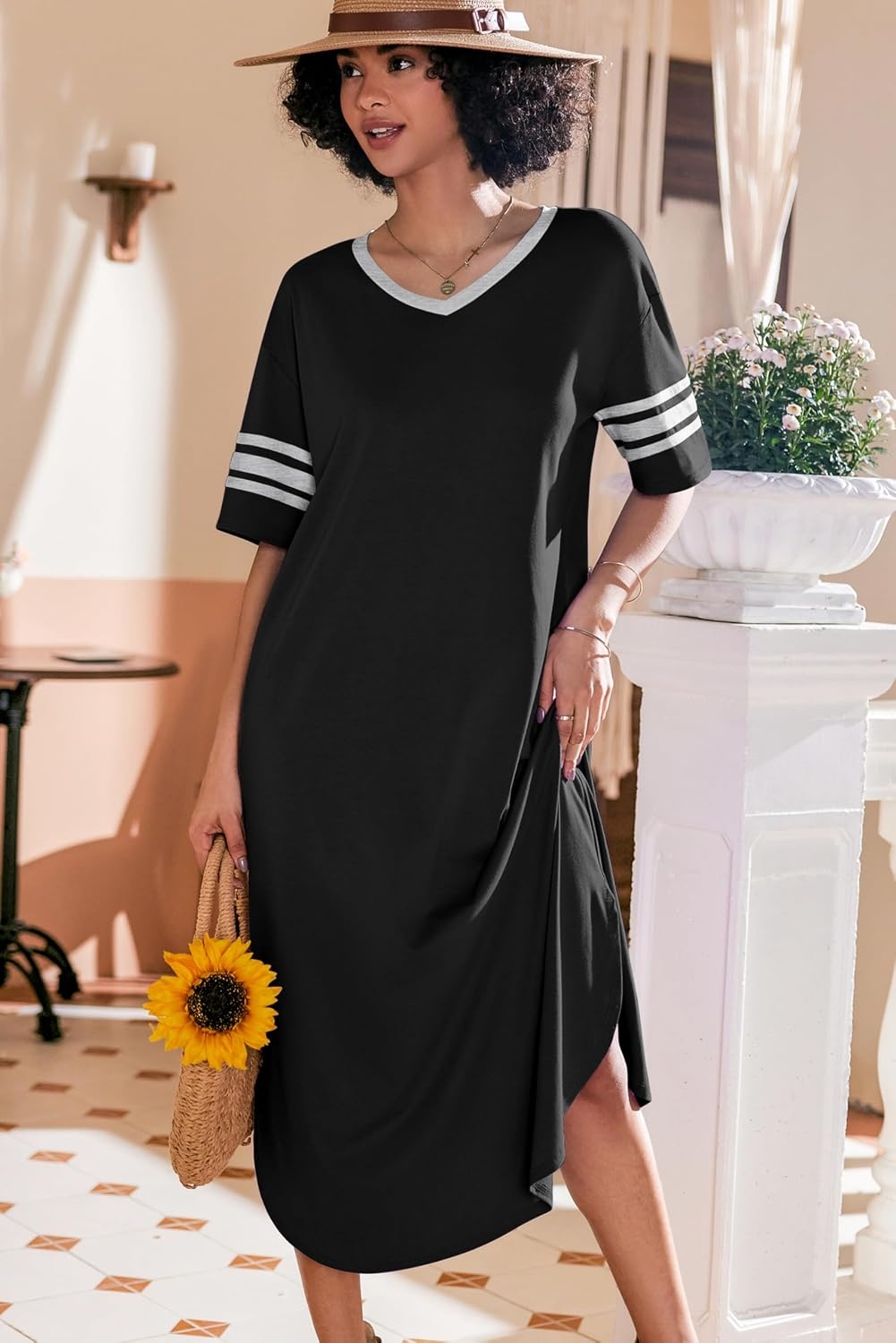 image:imageEkouaer Nightgowns for Women Long Nightgown Plus Size Moo Moos House Dress  Color Block Sleep Dress Short Sleeve Sleepwear V Neck Loungewear Oversized Lounge Dress M5XL Daily Wear Sleep HomeBlack