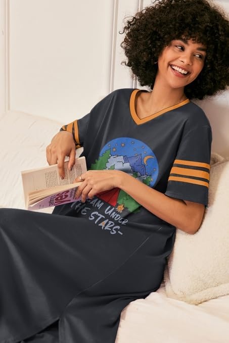 image:imageEkouaer Nightgowns for Women Long Nightgown Plus Size Moo Moos House Dress  Color Block Sleep Dress Short Sleeve Sleepwear V Neck Loungewear Oversized Lounge Dress M5XL Daily Wear Sleep HomeBlack Forest