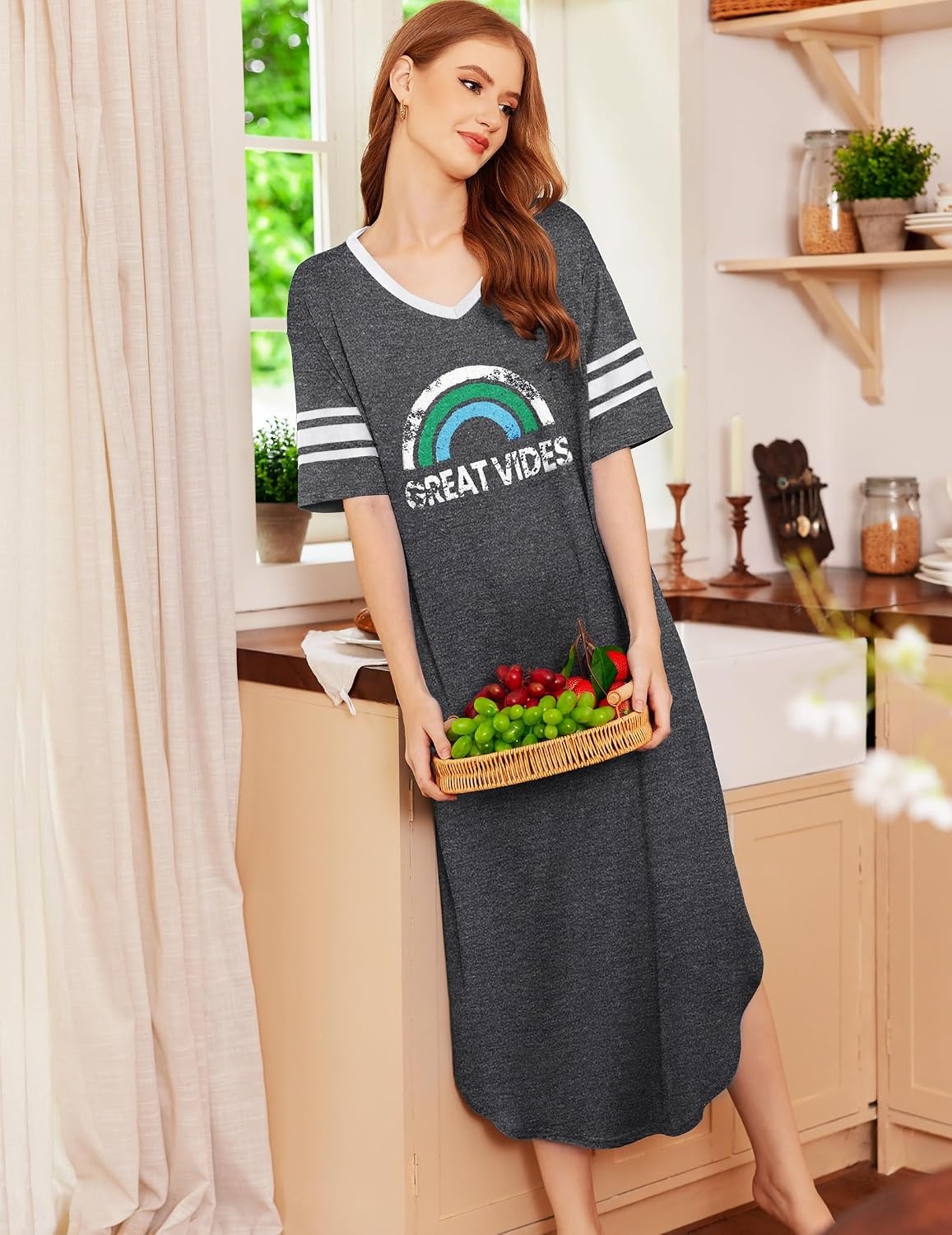 image:imageEkouaer Nightgowns for Women Long Nightgown Plus Size Moo Moos House Dress  Color Block Sleep Dress Short Sleeve Sleepwear V Neck Loungewear Oversized Lounge Dress M5XL Daily Wear Sleep HomeGrey Rainbow