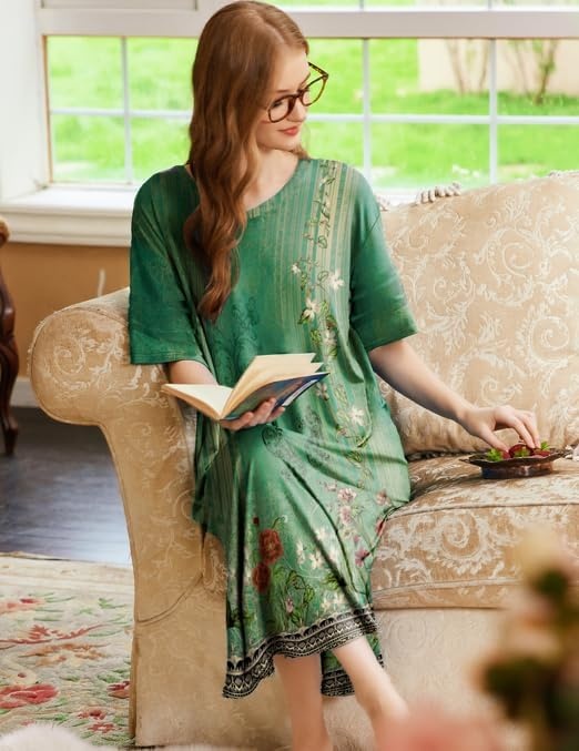 image:imageEkouaer Nightgowns for Women Long Nightgown Plus Size Moo Moos House Dress  Color Block Sleep Dress Short Sleeve Sleepwear V Neck Loungewear Oversized Lounge Dress M5XL Daily Wear Sleep HomeGreen Ethnic Style
