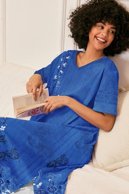 image:imageEkouaer Nightgowns for Women Long Nightgown Plus Size Moo Moos House Dress  Color Block Sleep Dress Short Sleeve Sleepwear V Neck Loungewear Oversized Lounge Dress M5XL Daily Wear Sleep HomeBlue Ethnic Style