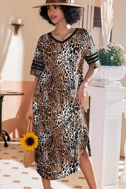 image:imageEkouaer Nightgowns for Women Long Nightgown Plus Size Moo Moos House Dress  Color Block Sleep Dress Short Sleeve Sleepwear V Neck Loungewear Oversized Lounge Dress M5XL Daily Wear Sleep HomeBrown Leopard Print2