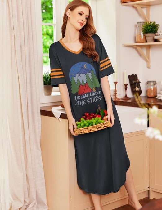image:imageEkouaer Nightgowns for Women Long Nightgown Plus Size Moo Moos House Dress  Color Block Sleep Dress Short Sleeve Sleepwear V Neck Loungewear Oversized Lounge Dress M5XL Daily Wear Sleep HomeBlack Forest