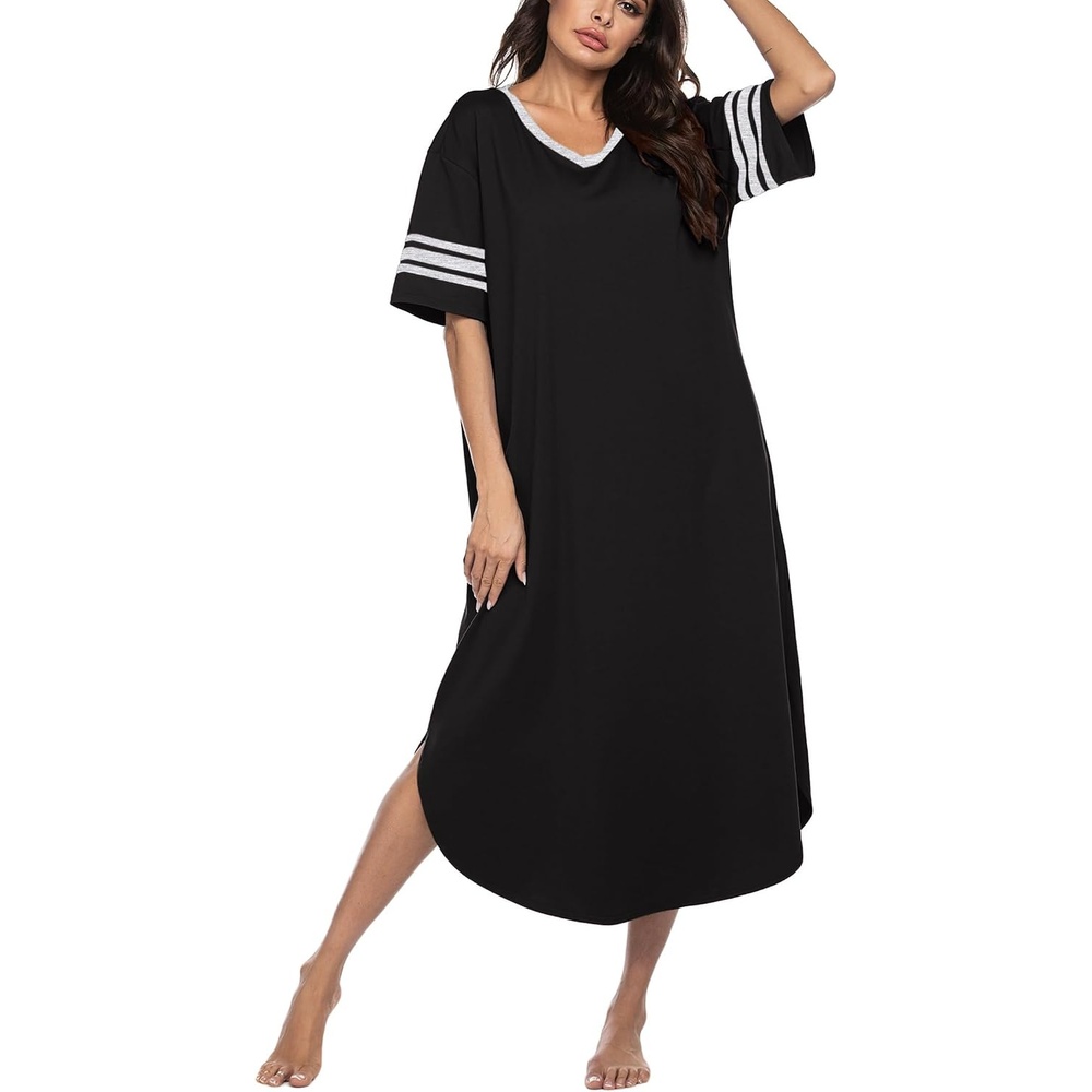 image:imageEkouaer Nightgowns for Women Long Nightgown Plus Size Moo Moos House Dress  Color Block Sleep Dress Short Sleeve Sleepwear V Neck Loungewear Oversized Lounge Dress M5XL Daily Wear Sleep HomeBlack