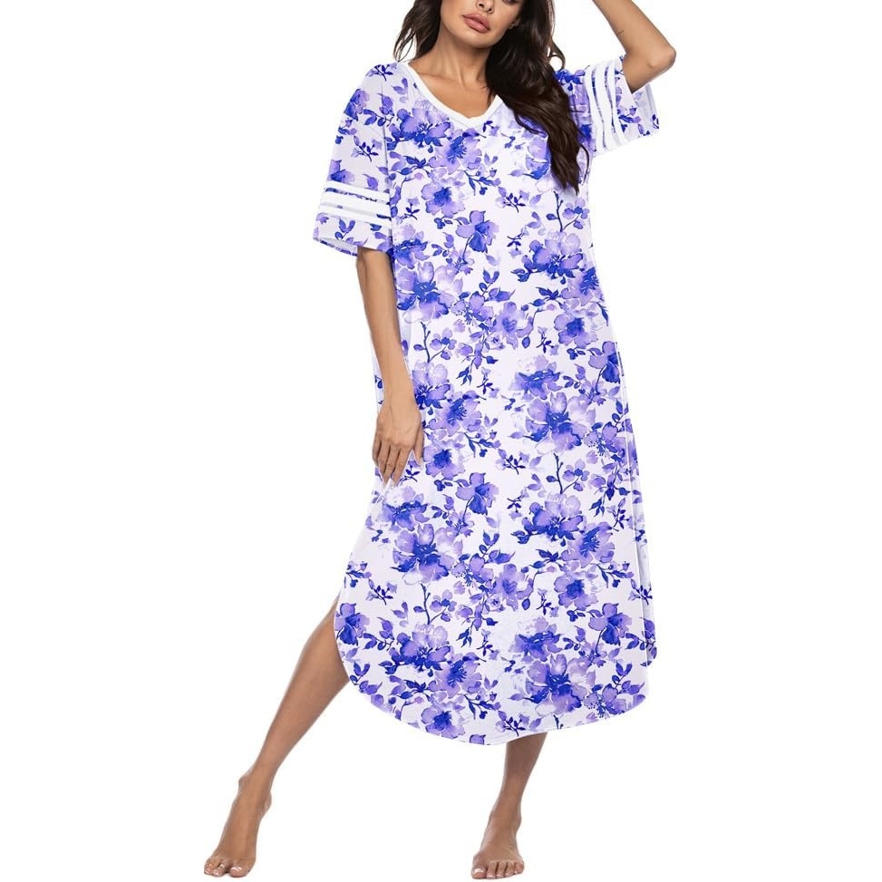 image:imageEkouaer Nightgowns for Women Long Nightgown Plus Size Moo Moos House Dress  Color Block Sleep Dress Short Sleeve Sleepwear V Neck Loungewear Oversized Lounge Dress M5XL Daily Wear Sleep HomePurple Watercolor Flowers