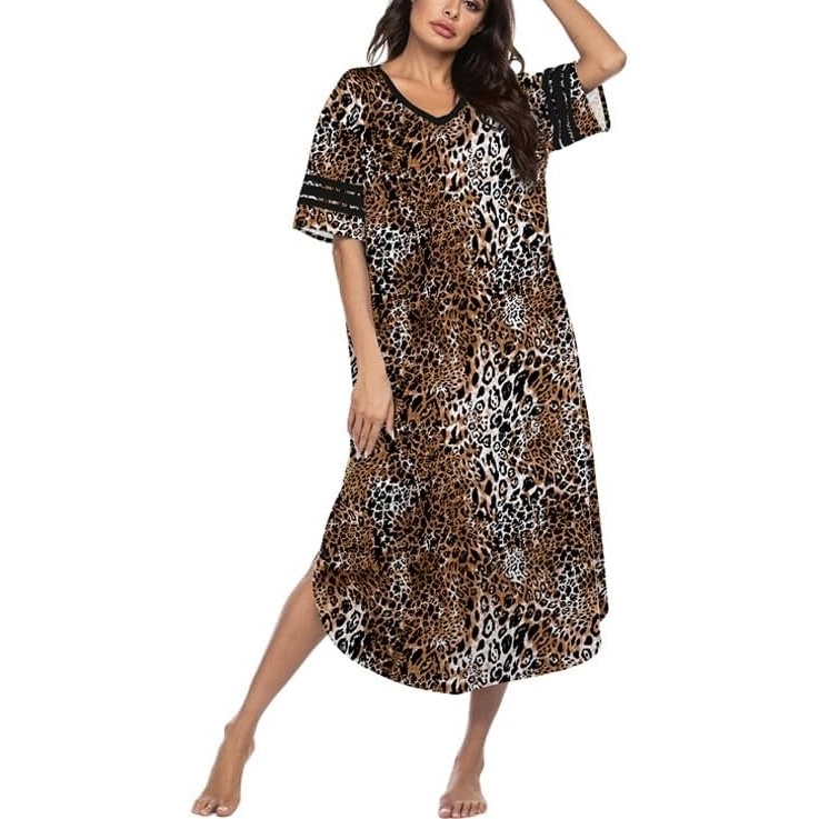 image:imageEkouaer Nightgowns for Women Long Nightgown Plus Size Moo Moos House Dress  Color Block Sleep Dress Short Sleeve Sleepwear V Neck Loungewear Oversized Lounge Dress M5XL Daily Wear Sleep HomeBrown Leopard Print2