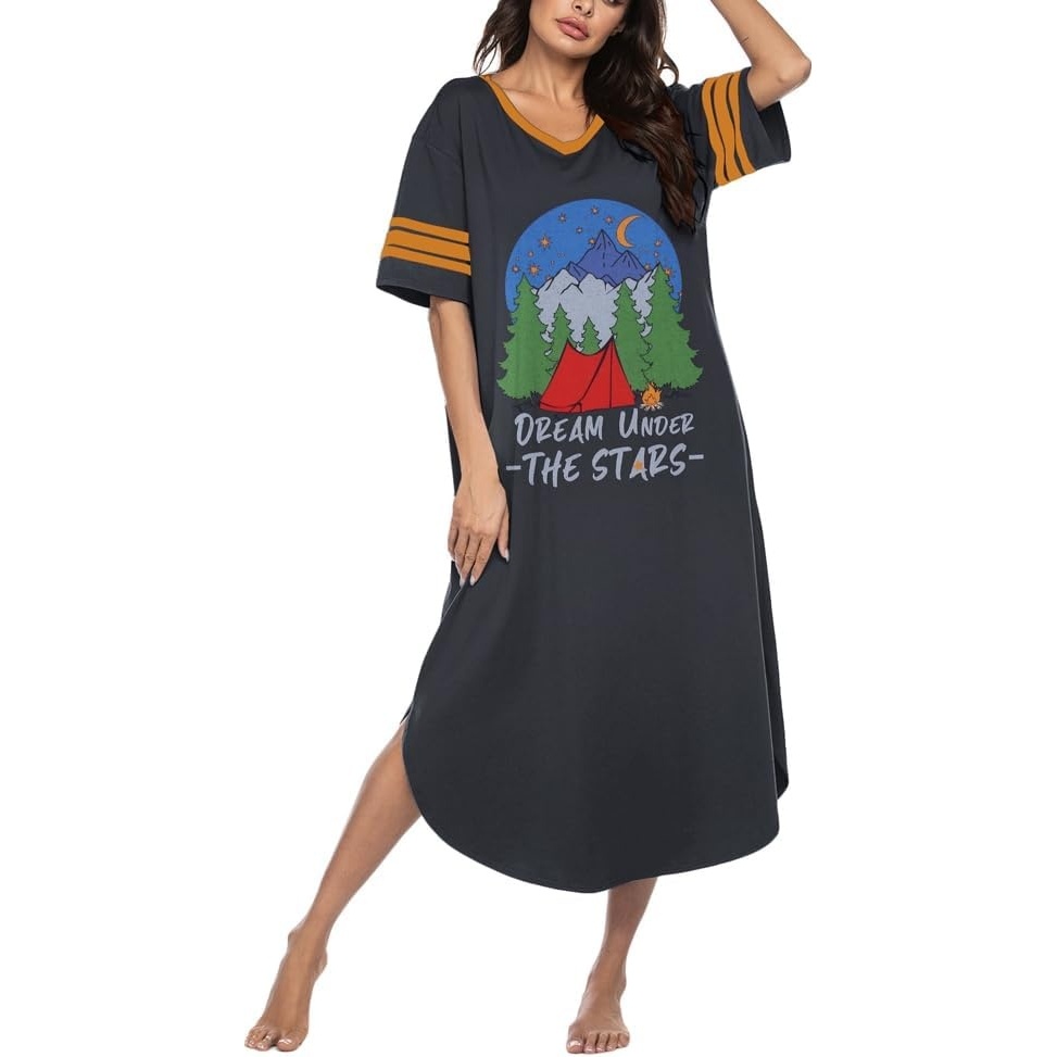 image:imageEkouaer Nightgowns for Women Long Nightgown Plus Size Moo Moos House Dress  Color Block Sleep Dress Short Sleeve Sleepwear V Neck Loungewear Oversized Lounge Dress M5XL Daily Wear Sleep HomeBlack Forest