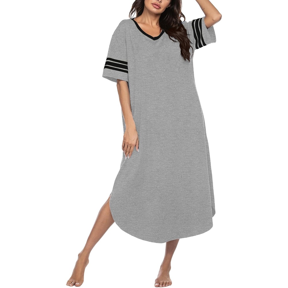 image:imageEkouaer Nightgowns for Women Long Nightgown Plus Size Moo Moos House Dress  Color Block Sleep Dress Short Sleeve Sleepwear V Neck Loungewear Oversized Lounge Dress M5XL Daily Wear Sleep HomeLight Grey