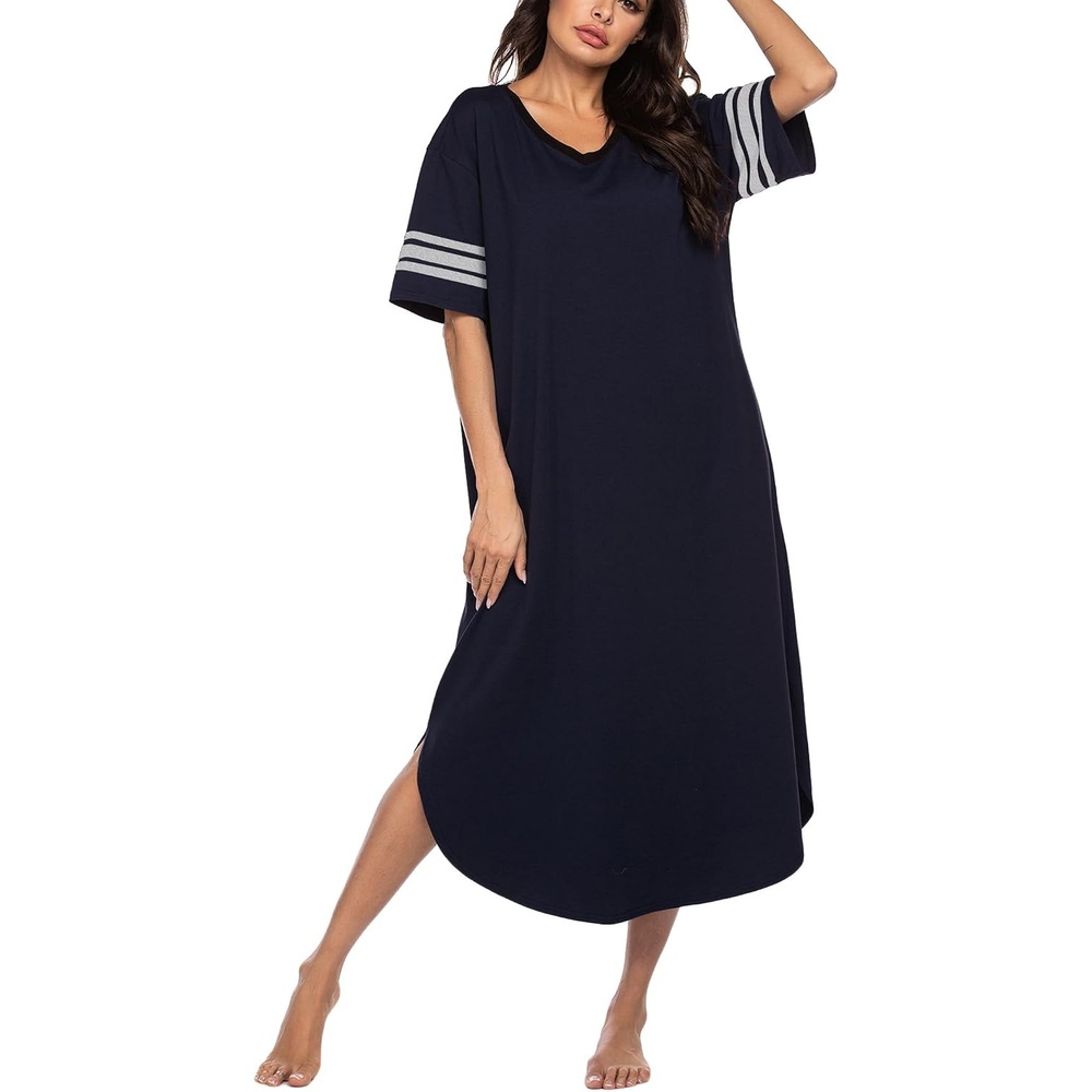 image:imageEkouaer Nightgowns for Women Long Nightgown Plus Size Moo Moos House Dress  Color Block Sleep Dress Short Sleeve Sleepwear V Neck Loungewear Oversized Lounge Dress M5XL Daily Wear Sleep HomeNavy Blue