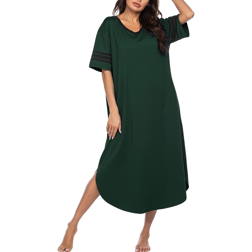 image:imageEkouaer Nightgowns for Women Long Nightgown Plus Size Moo Moos House Dress  Color Block Sleep Dress Short Sleeve Sleepwear V Neck Loungewear Oversized Lounge Dress M5XL Daily Wear Sleep HomeGreen