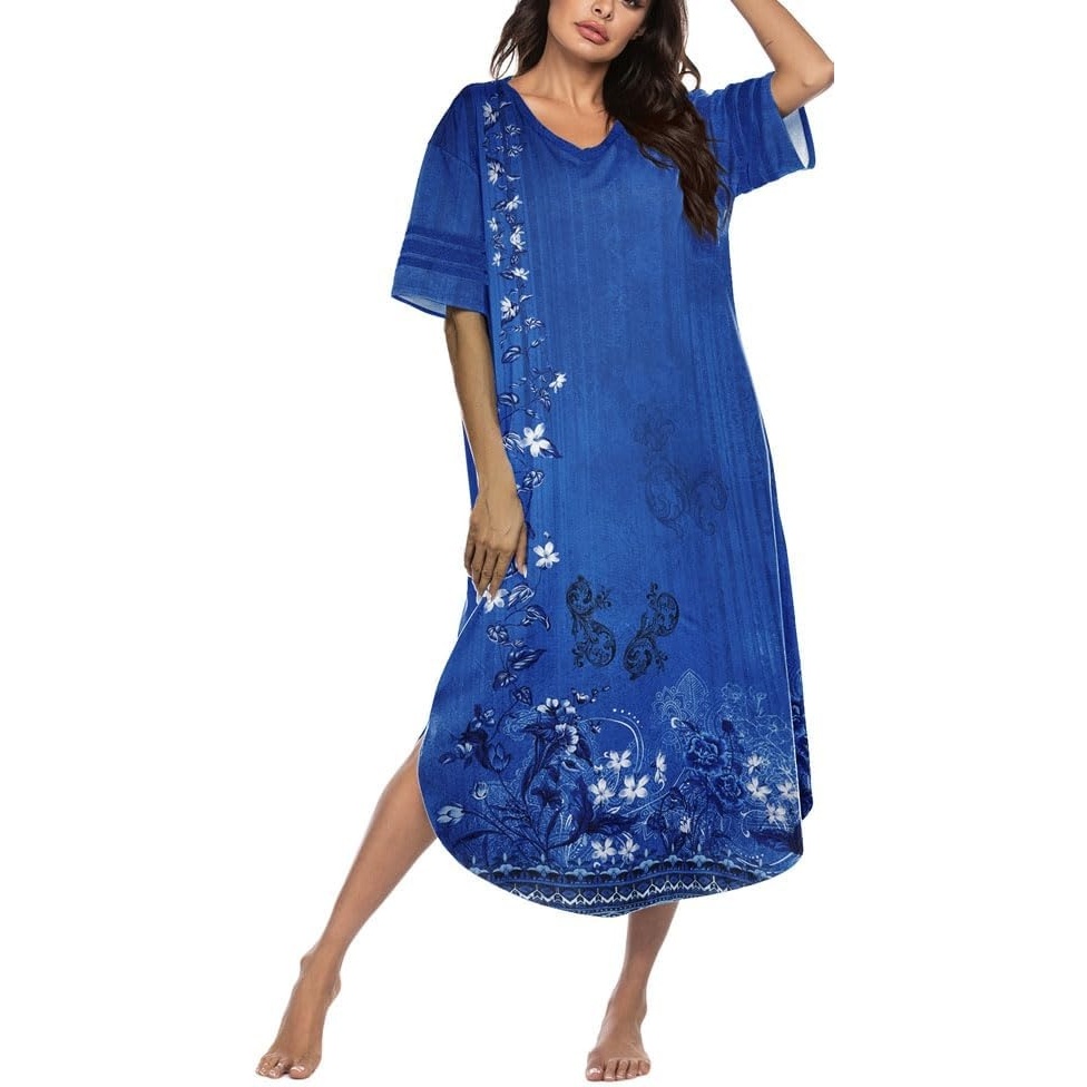 image:imageEkouaer Nightgowns for Women Long Nightgown Plus Size Moo Moos House Dress  Color Block Sleep Dress Short Sleeve Sleepwear V Neck Loungewear Oversized Lounge Dress M5XL Daily Wear Sleep HomeBlue Ethnic Style