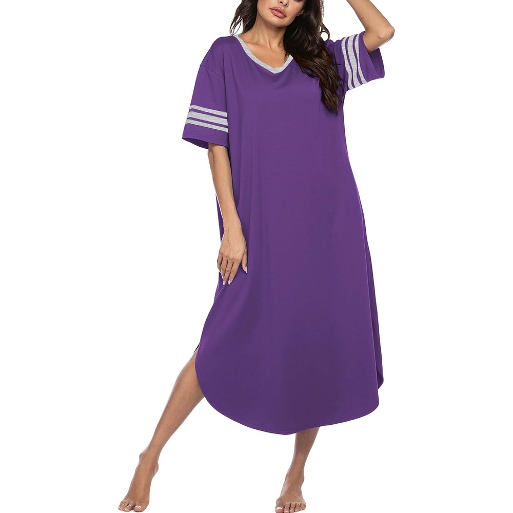 image:imageEkouaer Nightgowns for Women Long Nightgown Plus Size Moo Moos House Dress  Color Block Sleep Dress Short Sleeve Sleepwear V Neck Loungewear Oversized Lounge Dress M5XL Daily Wear Sleep HomePurple