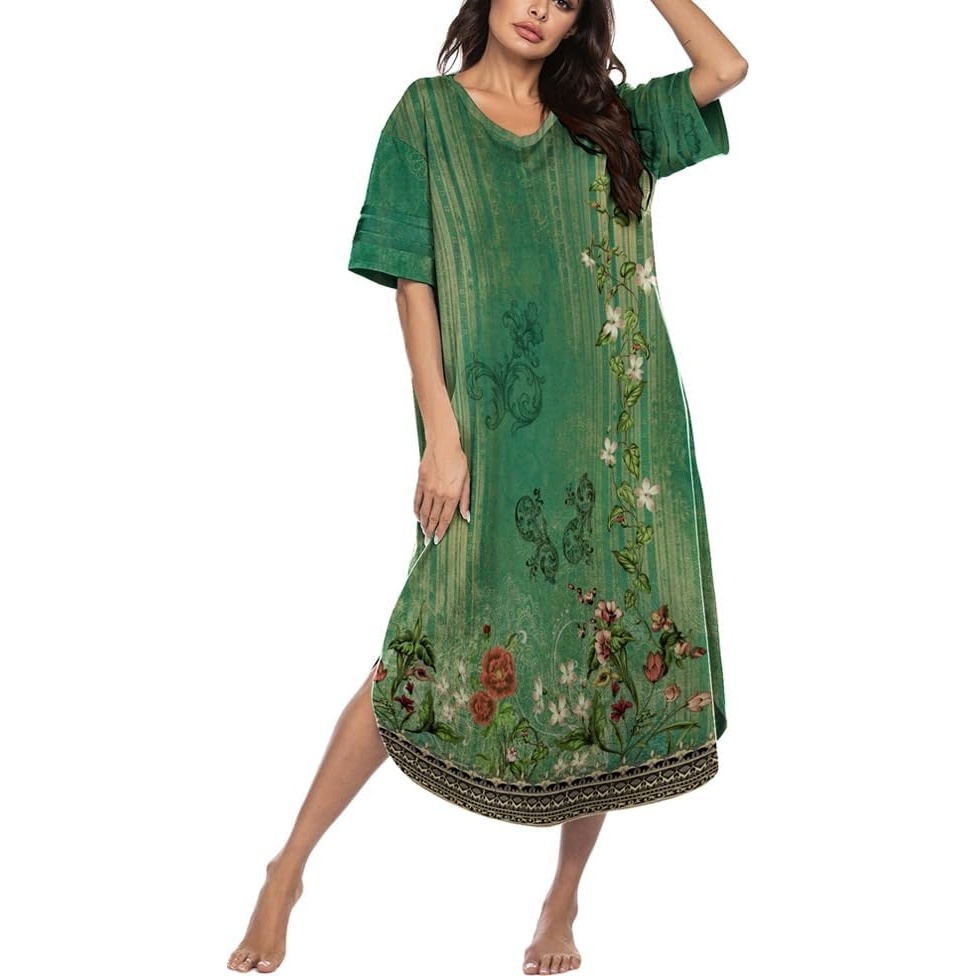 image:imageEkouaer Nightgowns for Women Long Nightgown Plus Size Moo Moos House Dress  Color Block Sleep Dress Short Sleeve Sleepwear V Neck Loungewear Oversized Lounge Dress M5XL Daily Wear Sleep HomeGreen Ethnic Style