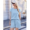 image:imageEkouaer Cotton Two Piece Sets for Women Cap Sleeve Short Set  Soft Casual Summer Fall Crew Neck Matching Sets Travel Vacation Outfits With Pockets for Daily WearLight Blue