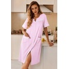 image:imageEkouaer Nightgowns for Women House Dress with Pockets Button Down Sleepshirt Short Sleeve Nightshirt Housecoat  Button Up Night GownsShort Sleeve HousecoatMoo Moos for Elderly WomenLabor and Delivery Gown for Pregnant and PostpartumPink Striped